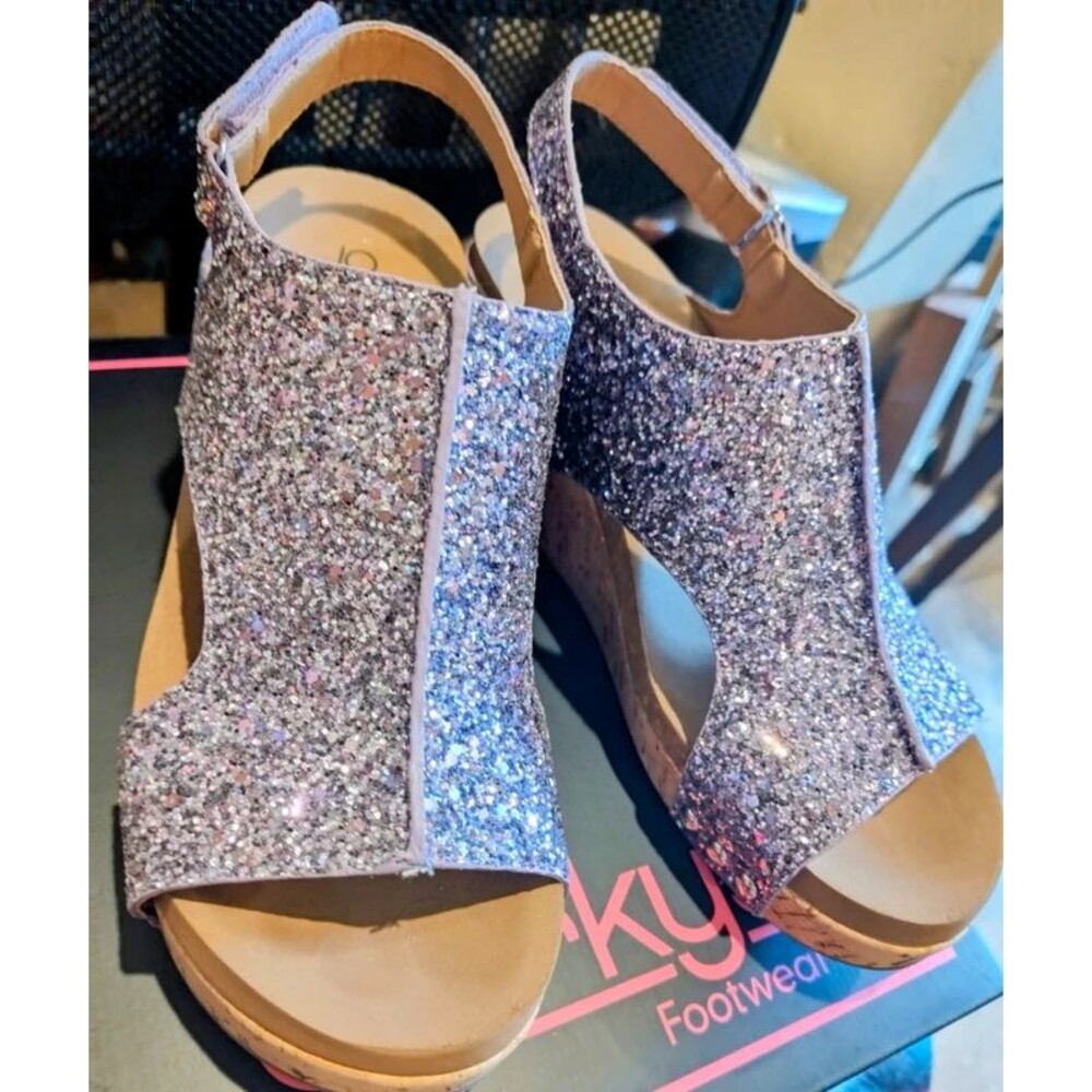 Corkys Carley Lavender Chunky Glitter Wedge Heels Size 7